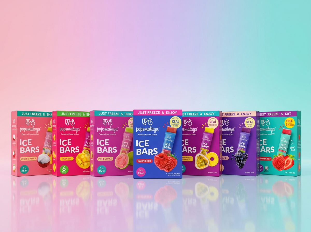 Tujuh perisa PopsMalaya Ice Bars — Lychee Peach, Mango, Pink Guava, Raspberry, Passionfruit-Pineapple, Grape, Strawberry